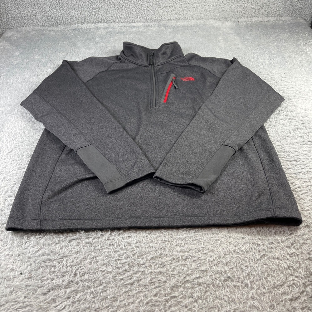 The North Face Mens XL Quarter Zip Fleece Pullover Grey Red Logo Chest Pocket